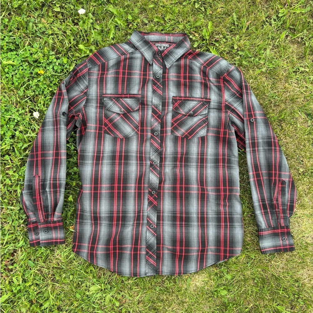 Straight Faded Mens L Black Red Gray Plaid L/S Button-Up Shirt Cowboy Biker